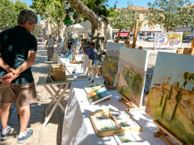 Die von der Vereinigung les arts Ô soleil organisierte Veranstaltung les peintres dans la rue ist eine Ausstellung von Malern auf dem Place Montfort in Vaison la romaine am 16.07.2020.