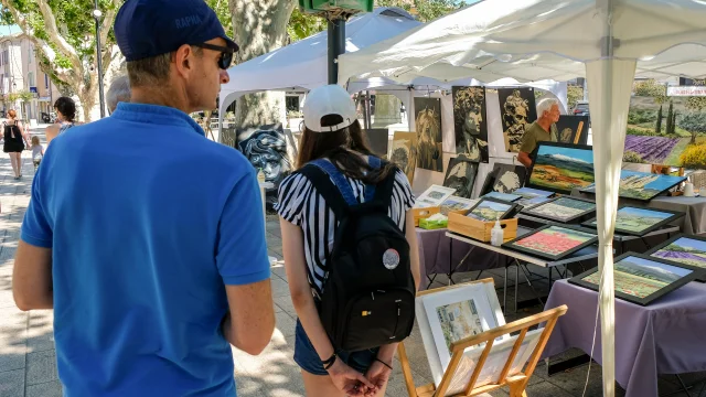 Die von der Vereinigung les arts Ô soleil organisierte Veranstaltung les peintres dans la rue ist eine Ausstellung von Malern auf dem Place Montfort in Vaison la romaine.